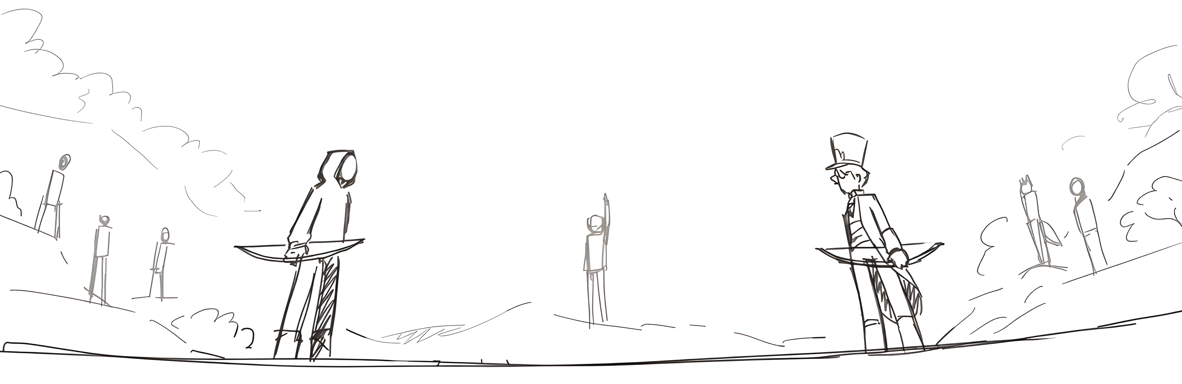 Original Aetheria artwork: characters facing each other across a sketched landscape
