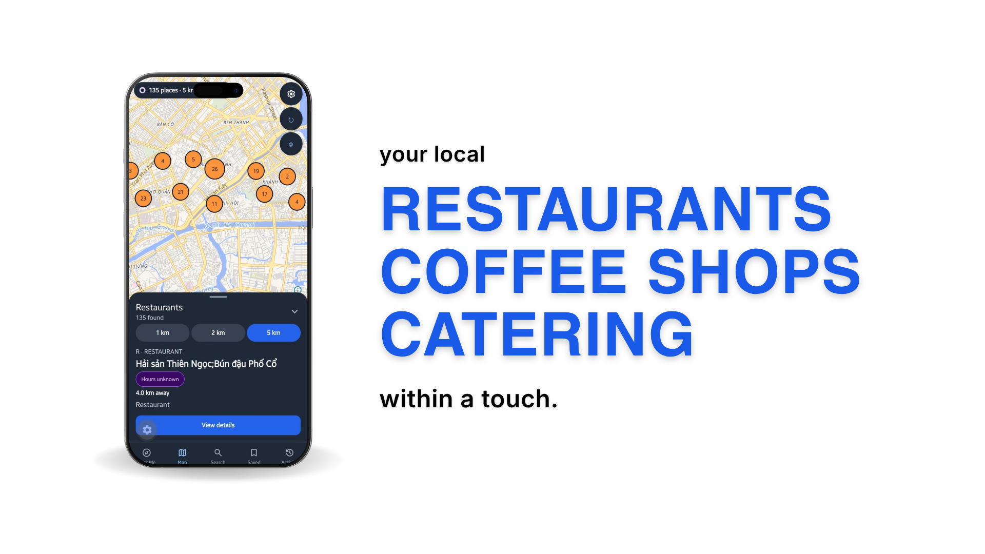 CompassBite promotional design showing a mobile map of local restaurants, coffee shops, and catering