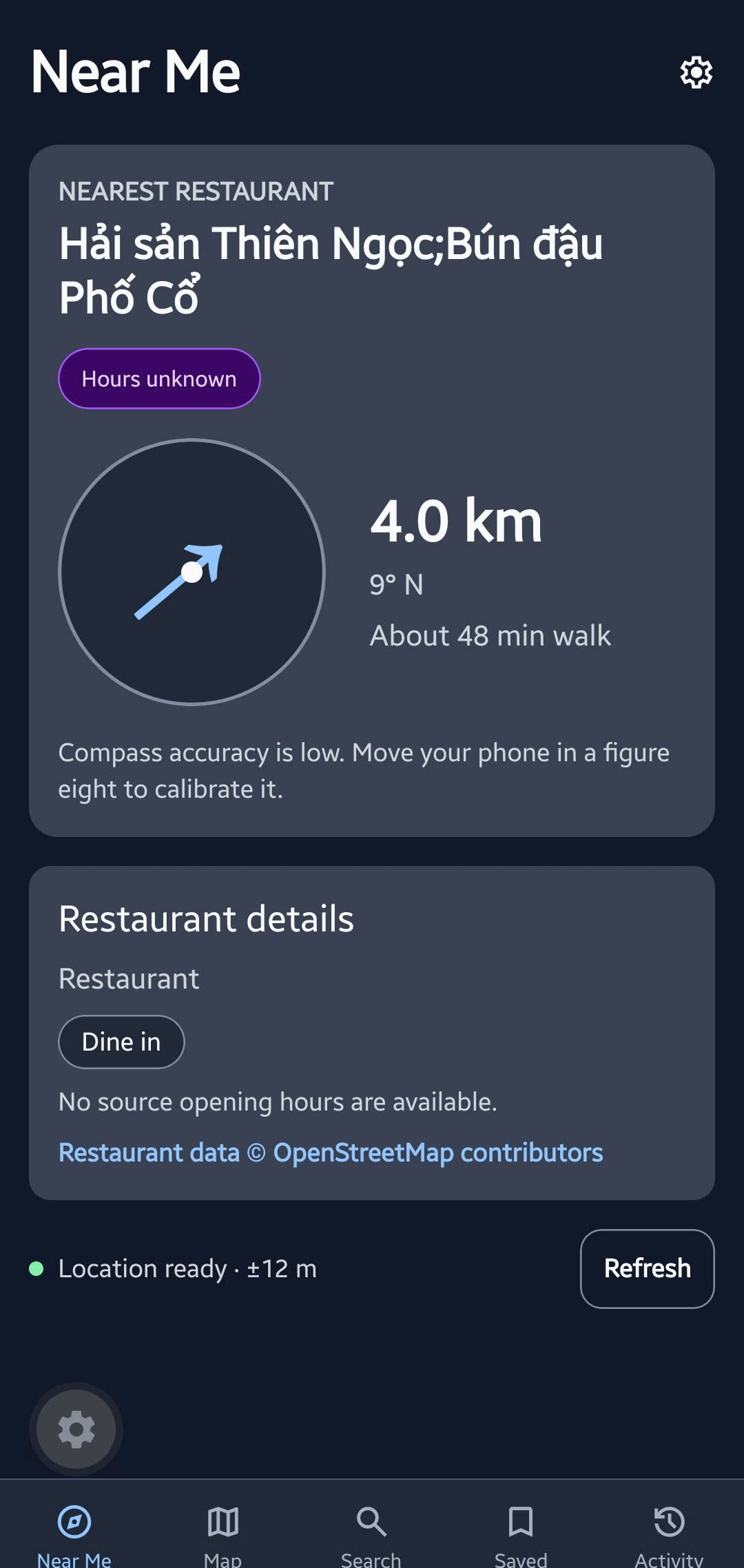 CompassBite Near Me screen with a restaurant compass