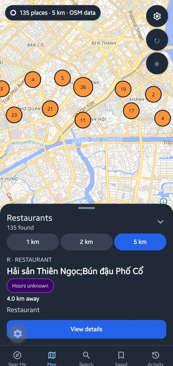 CompassBite map with restaurant distance filters