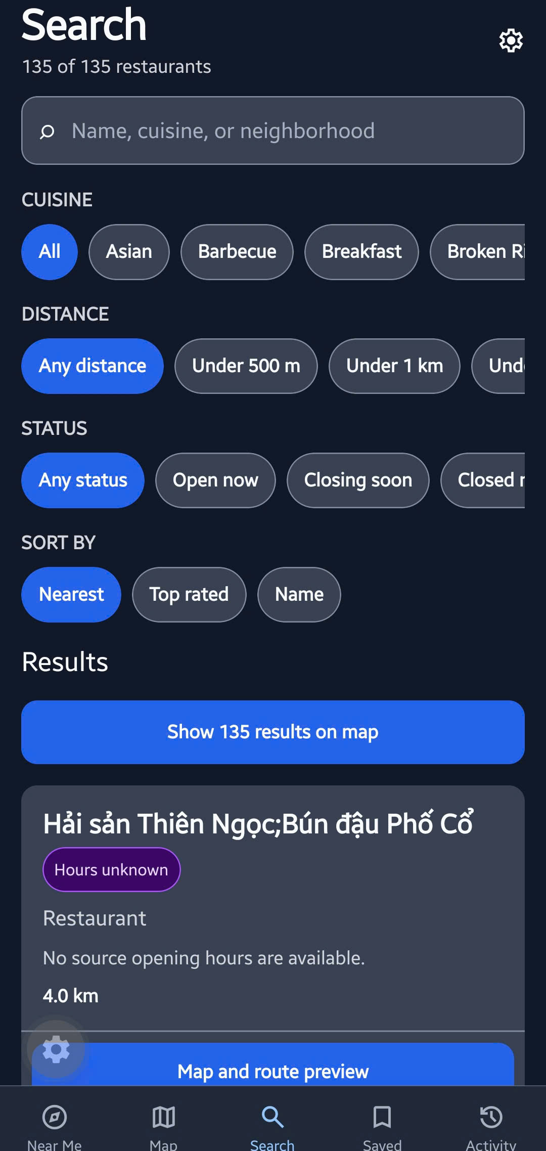 CompassBite restaurant search and filter screen