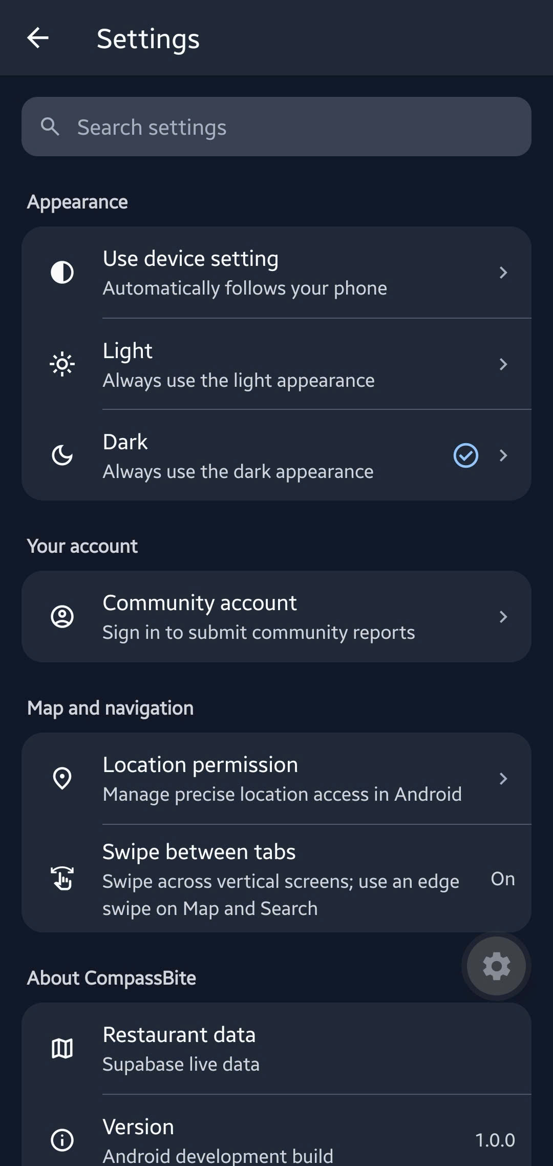 CompassBite settings screen