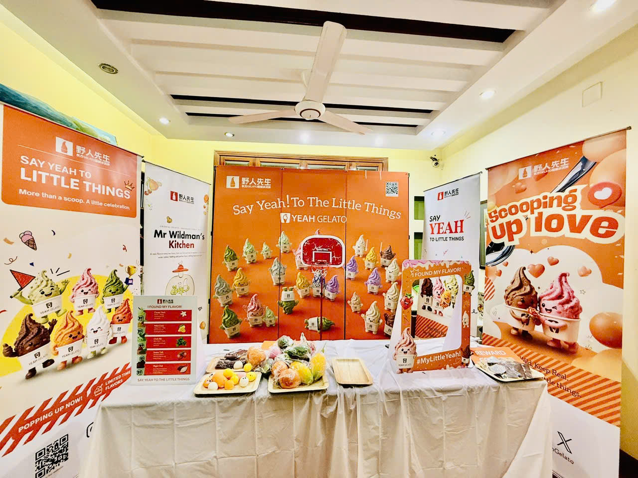 Full Yeah Gelato booth with campaign posters, photo frame, and product display