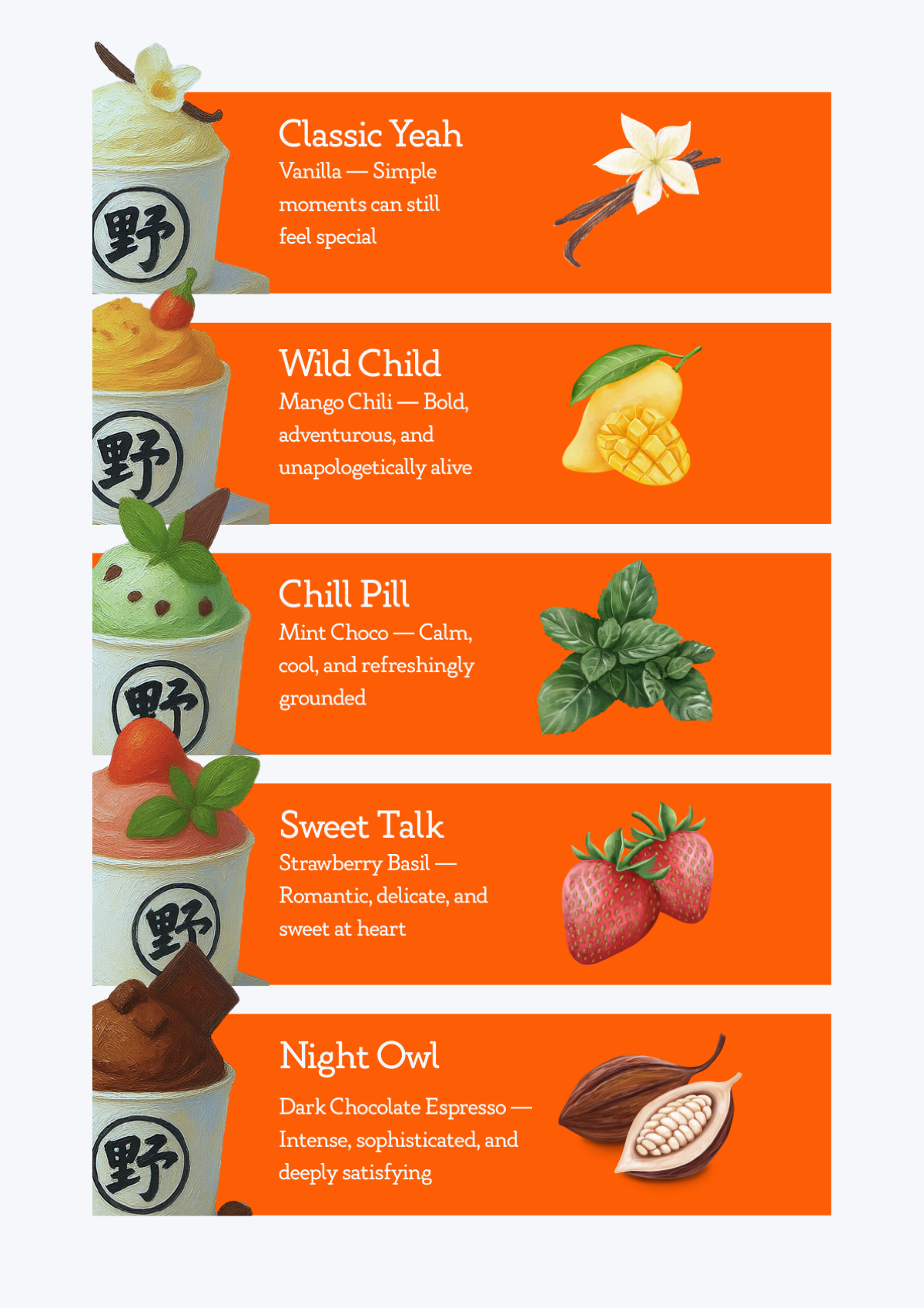 Yeah Gelato illustrated flavour menu